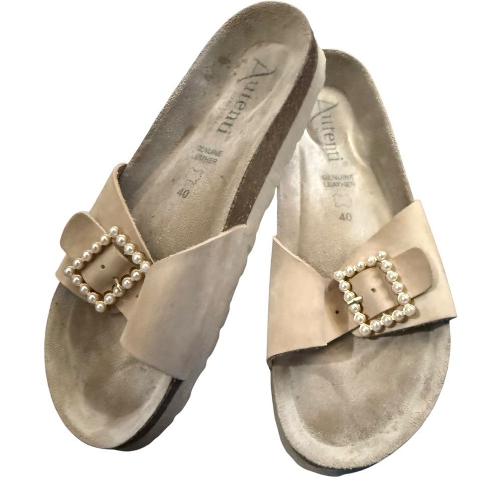 Autenti Pearl Buckle Sandals in Cream beige pearl clasp slip slides Spain made